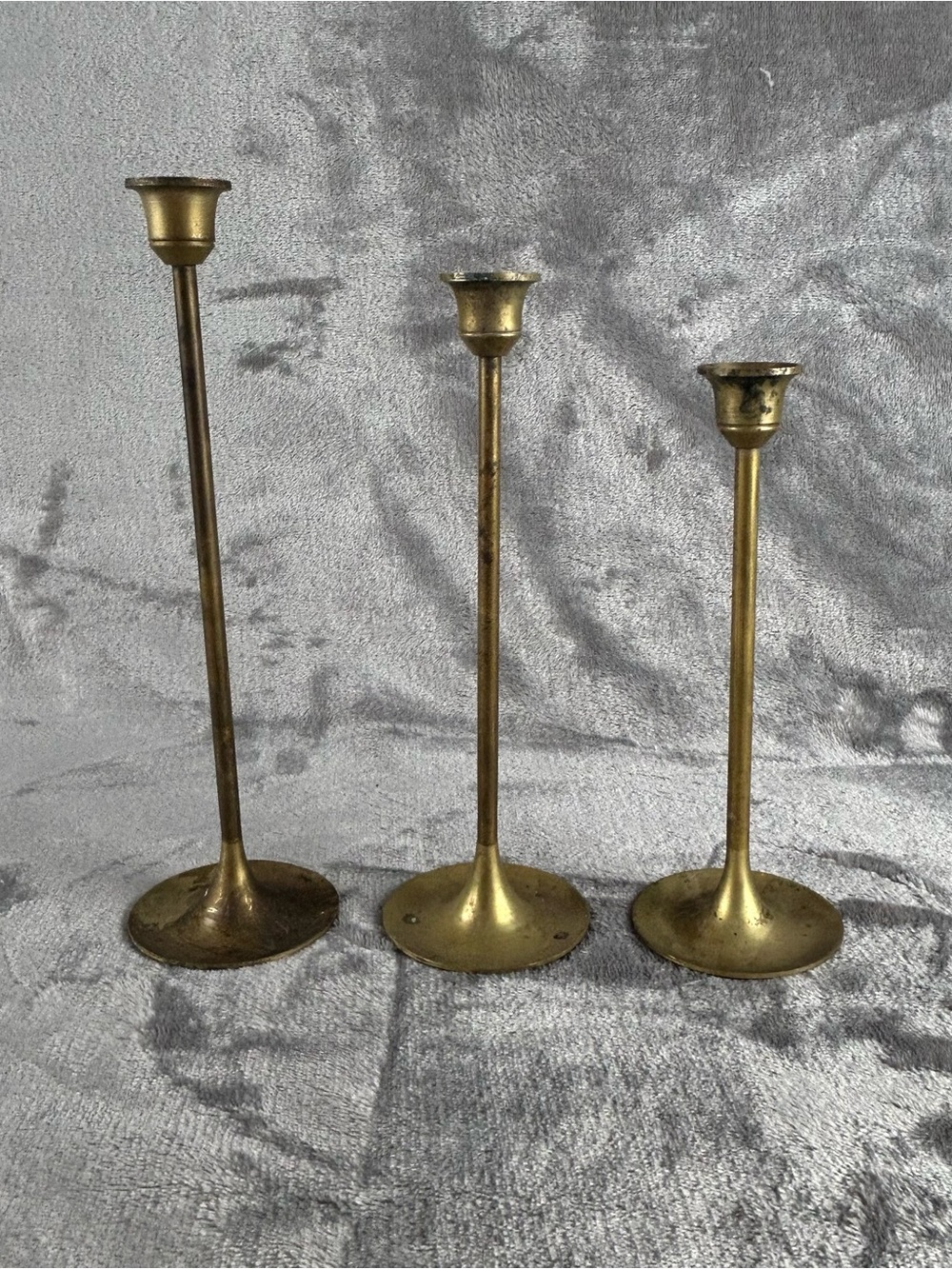 VTG Solid Brass Taper Candlestick Holders Set of 3 Graduated Gold Patina Taiwan